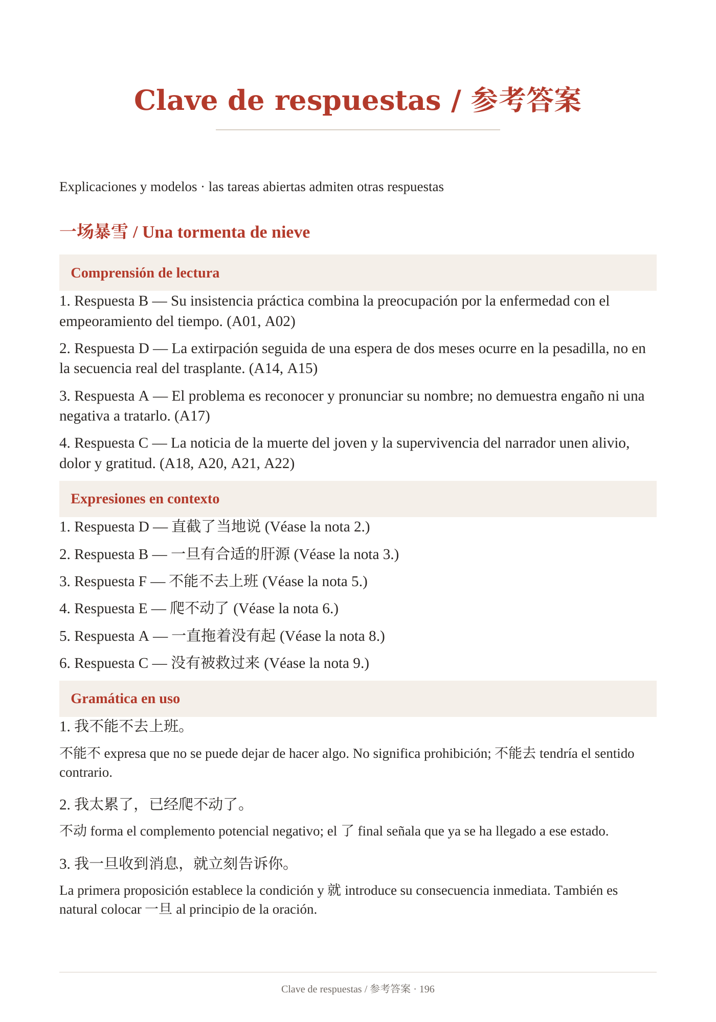 Muestras de la edición para aprender chino con apoyo en español. Clave de respuestas con explicaciones en español. Página 196.