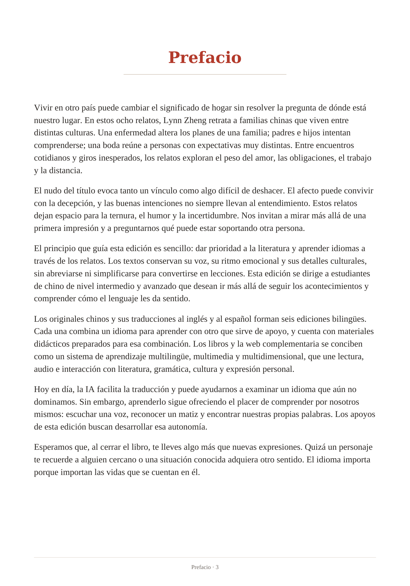 Muestras de la edición para aprender chino con apoyo en español. Prefacio (primera página). Página 3.
