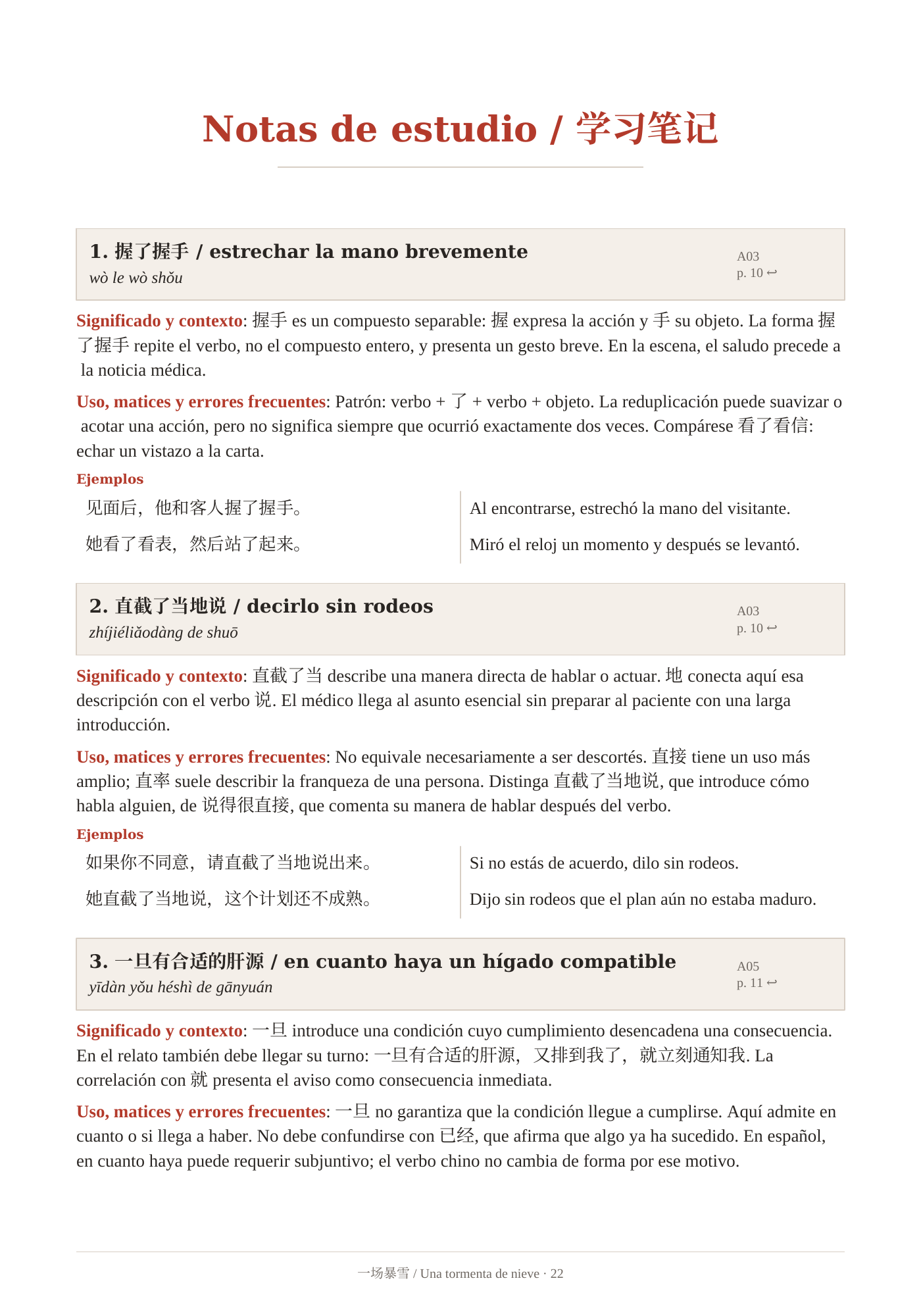 Muestras de la edición para aprender chino con apoyo en español. Notas para aprender chino, explicadas en español. Página 22.