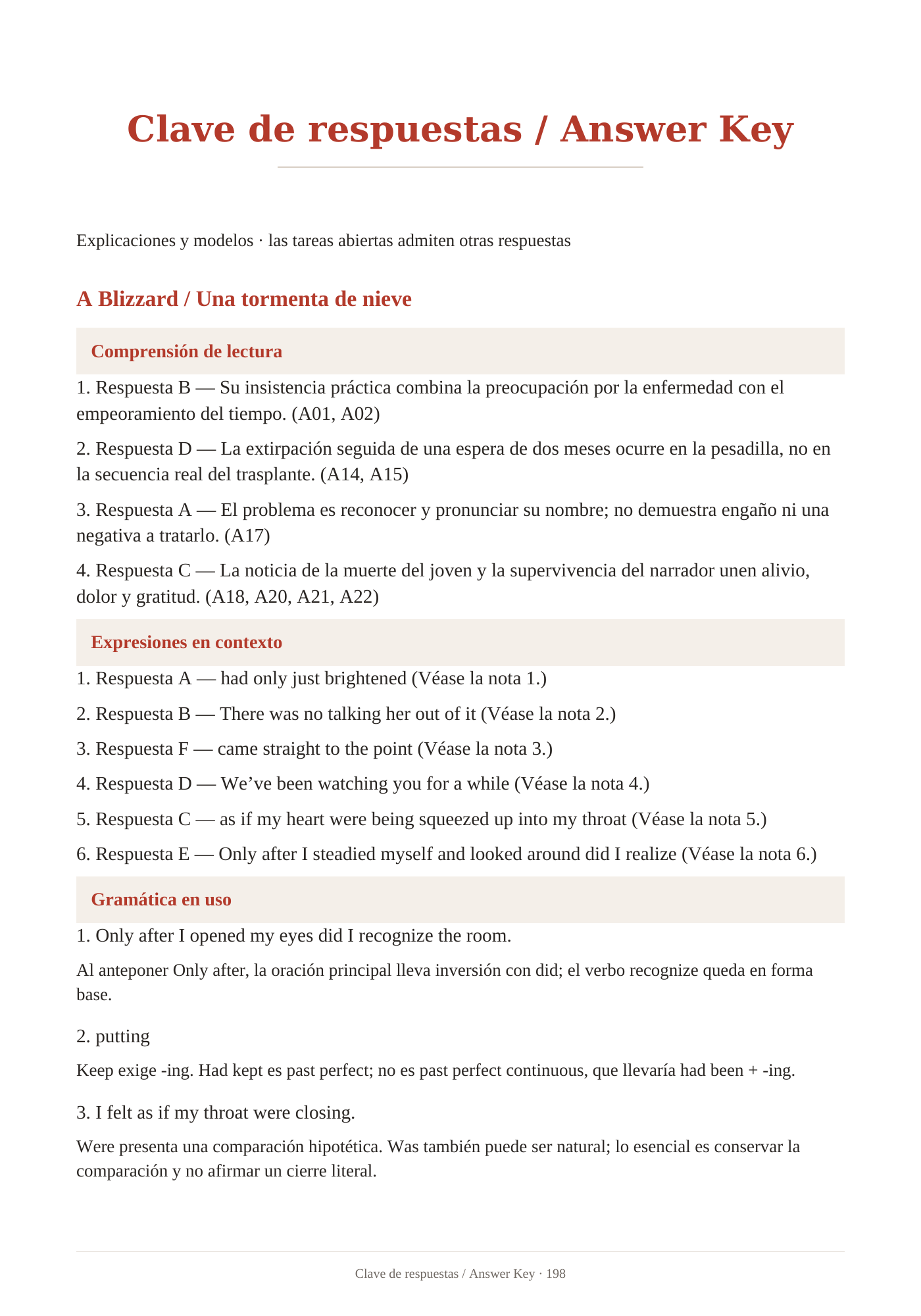 Muestras de la edición para aprender inglés con apoyo en español. Clave de respuestas con explicaciones en español. Página 198.
