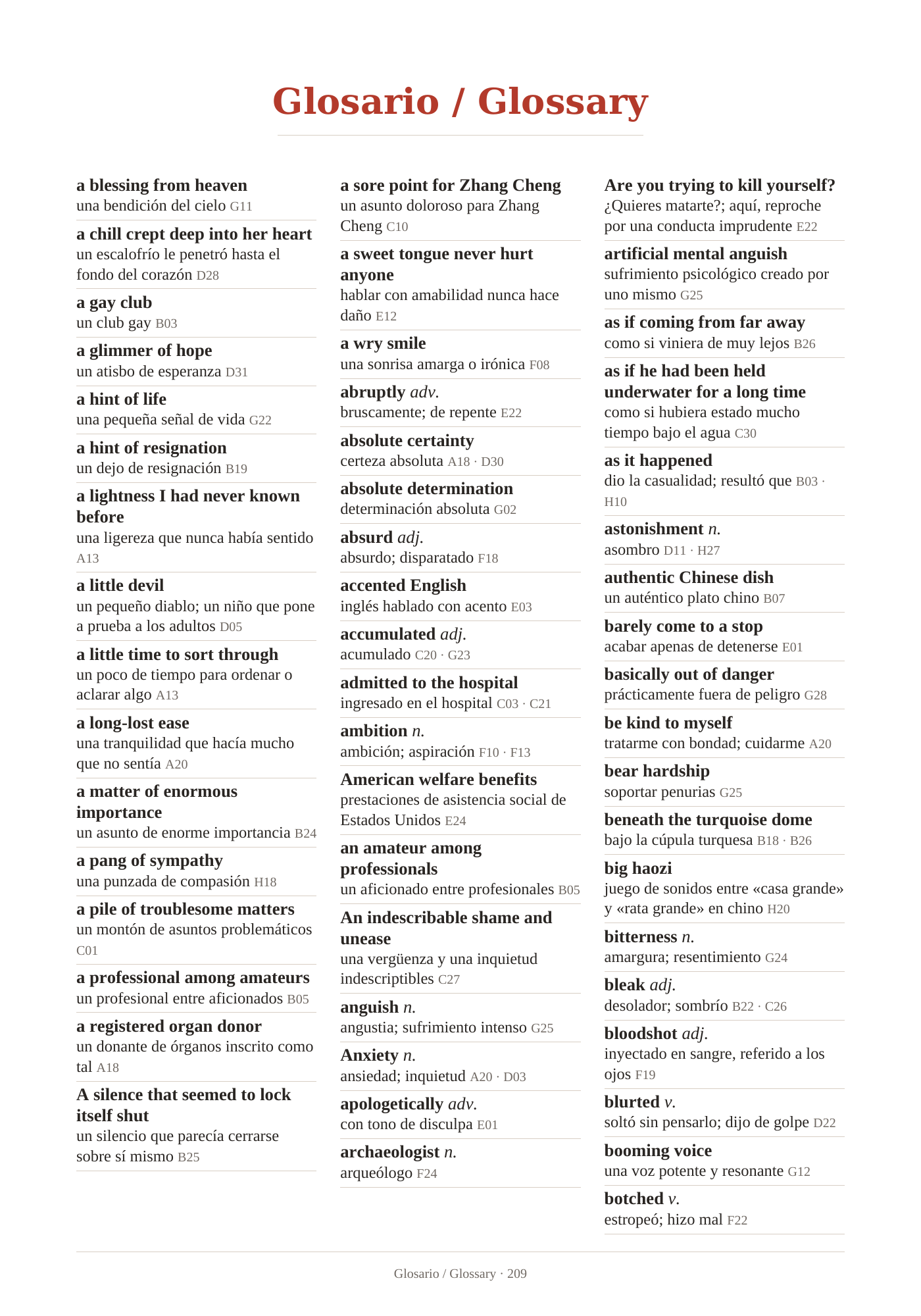 Muestras de la edición para aprender inglés con apoyo en español. Glosario inglés–español. Página 209.