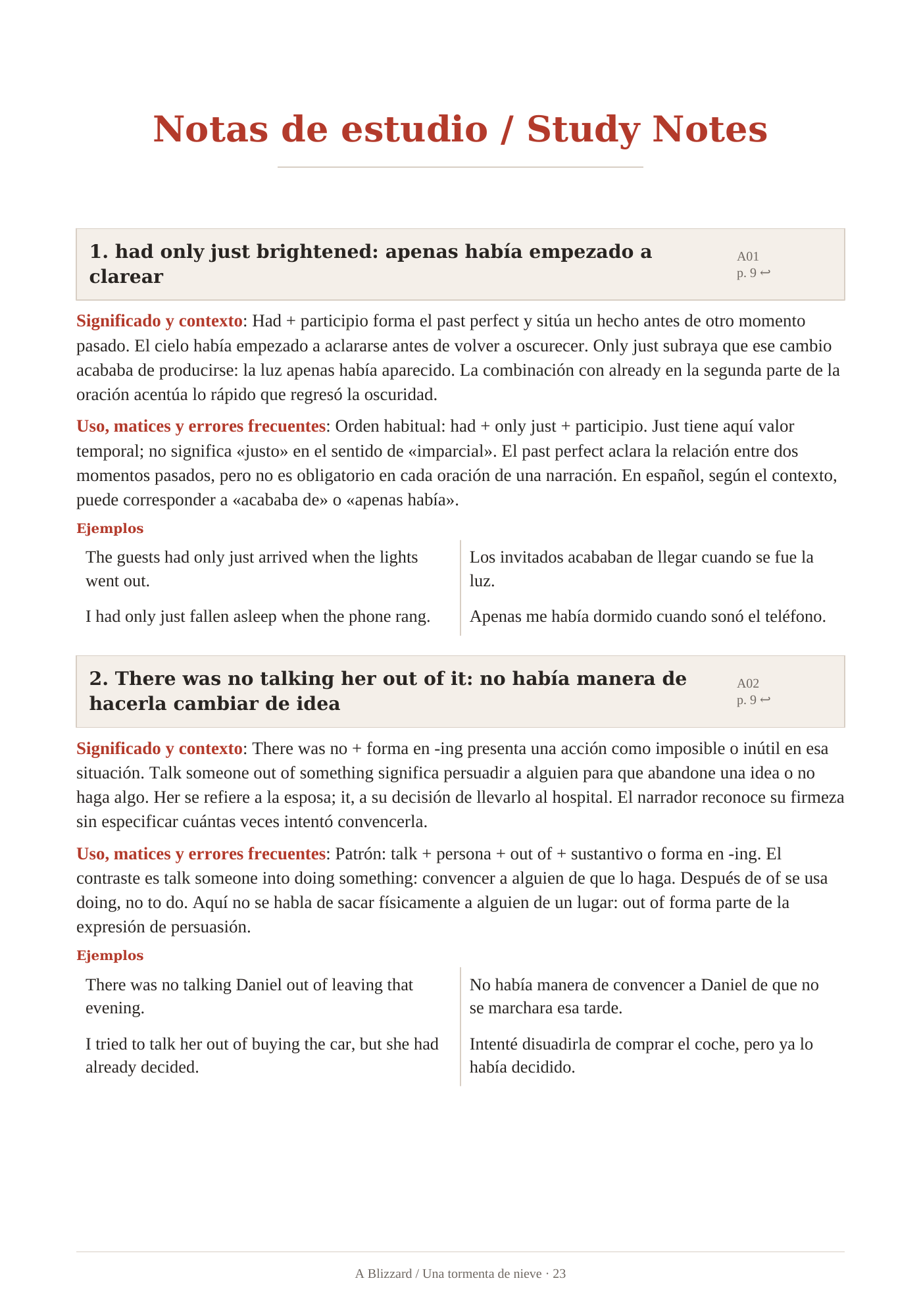 Muestras de la edición para aprender inglés con apoyo en español. Notas para aprender inglés, explicadas en español. Página 23.
