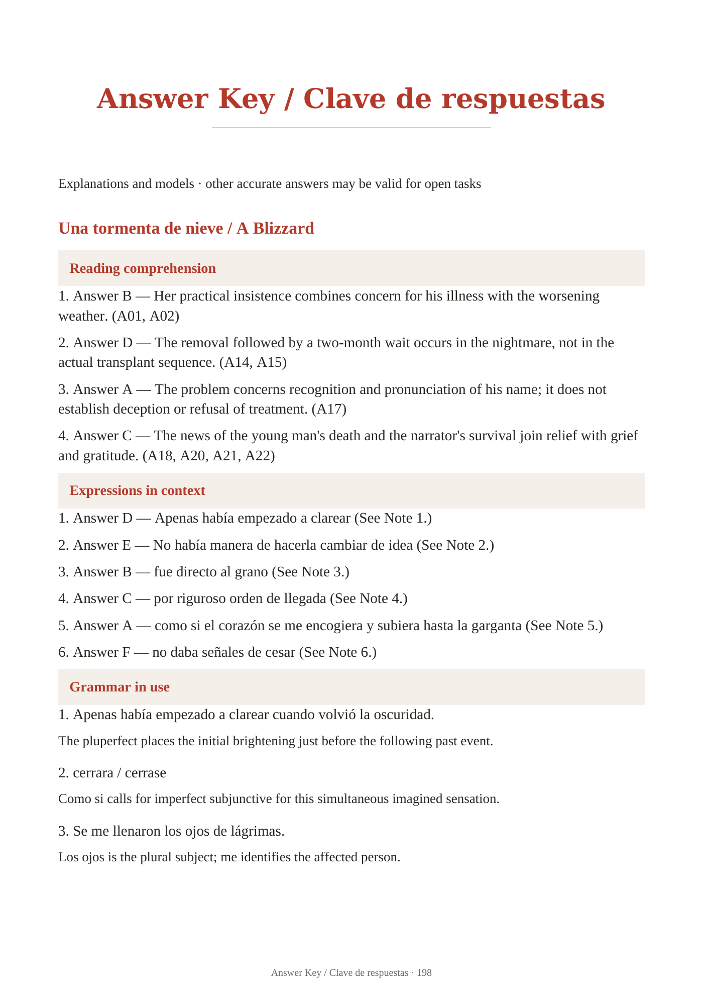 Spanish learner sample pages with English support. Answer Key with English explanations. Page 198.
