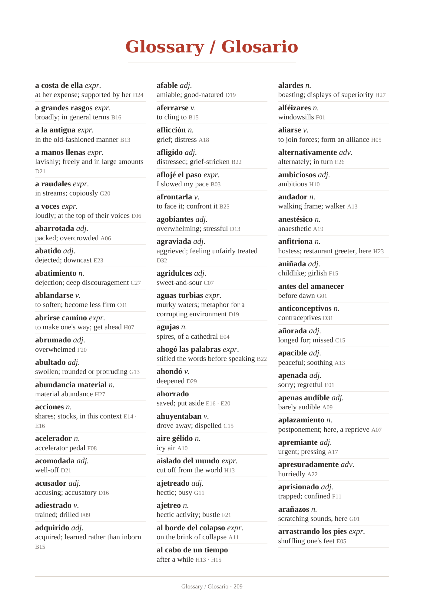 Spanish learner sample pages with English support. Spanish–English glossary. Page 209.