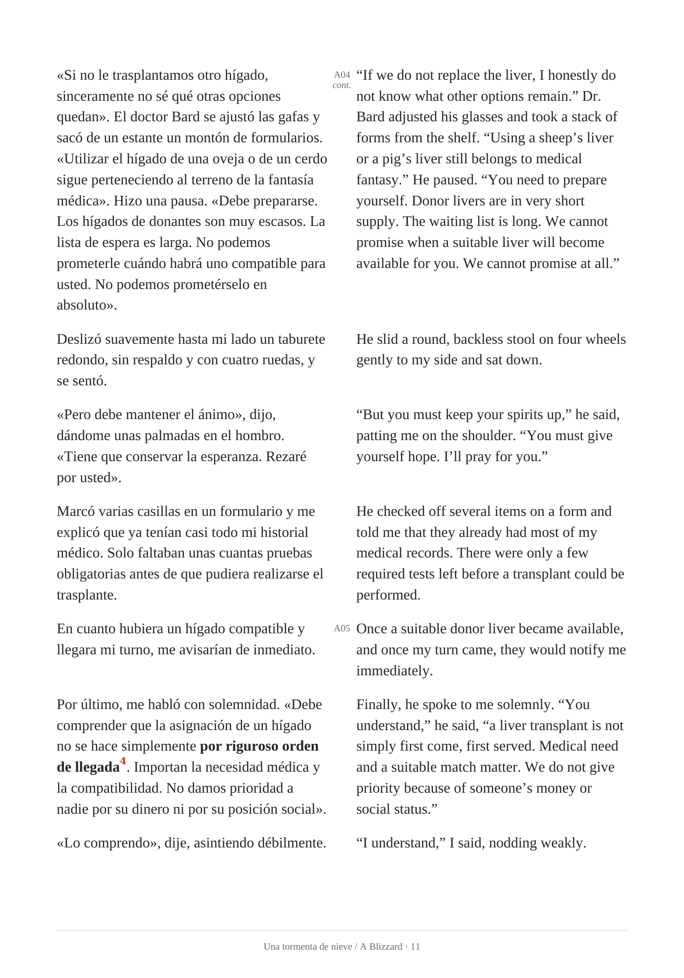 Spanish learner sample pages with English support. Parallel story in Spanish and English. Page 11.