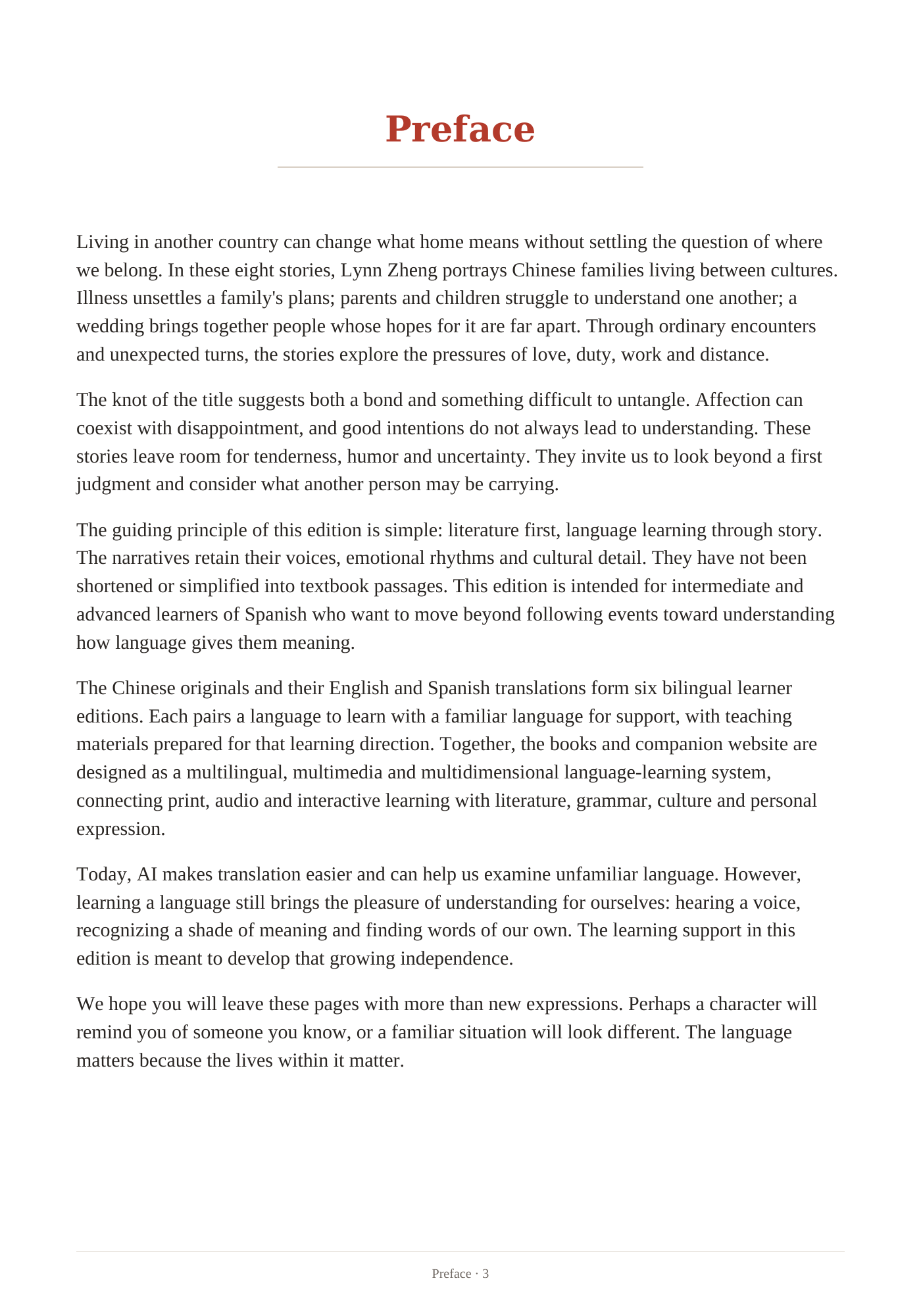 Spanish learner sample pages with English support. Preface (first page). Page 3.