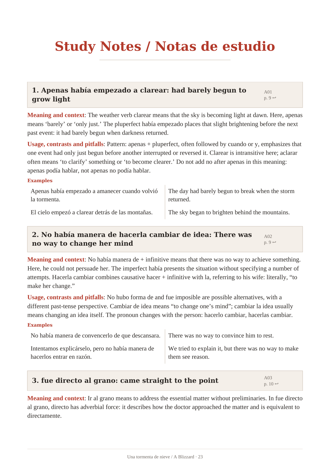 Spanish learner sample pages with English support. Spanish Study Notes with English explanations. Page 23.