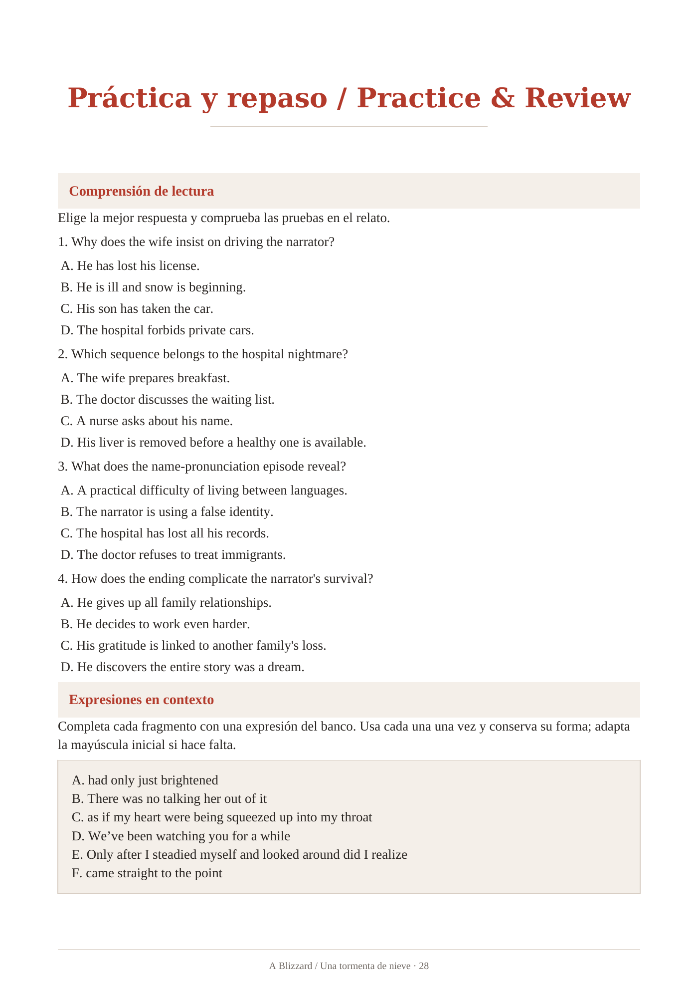 Muestras de la edición para aprender inglés con apoyo en español. Práctica y repaso. Página 28.