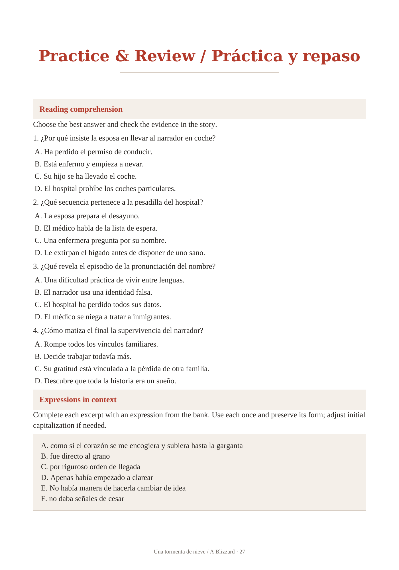 Spanish learner sample pages with English support. Practice & Review. Page 27.